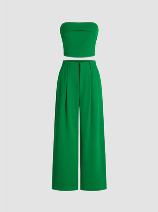 Two Piece Sets Woven Solid Shirred Tube Top & High Waist Pants Set For Daily Casual Exhibition Coffee Shop