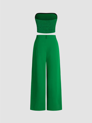Two Piece Sets Woven Solid Shirred Tube Top & High Waist Pants Set For Daily Casual Exhibition Coffee Shop