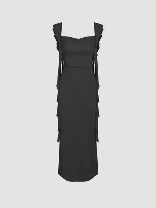 Mesh Ruffle Hem Maxi Dress