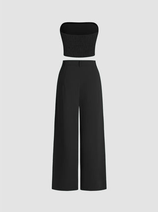 Two Piece Sets Woven Solid Shirred Tube Top & High Waist Pants Set For Daily Casual Exhibition Coffee Shop