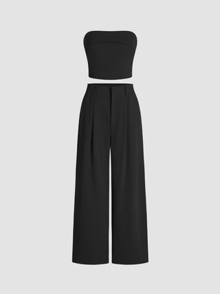 Two Piece Sets Woven Solid Shirred Tube Top & High Waist Pants Set For Daily Casual Exhibition Coffee Shop