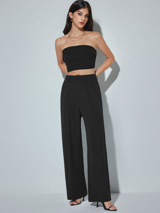 Two Piece Sets Woven Solid Shirred Tube Top & High Waist Pants Set For Daily Casual Exhibition Coffee Shop