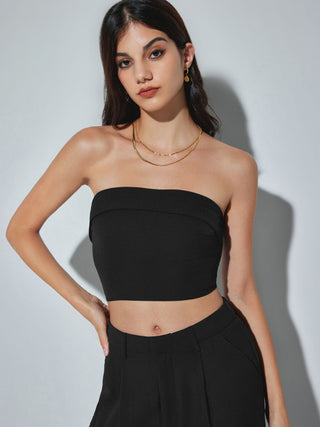 Two Piece Sets Woven Solid Shirred Tube Top & High Waist Pants Set For Daily Casual Exhibition Coffee Shop