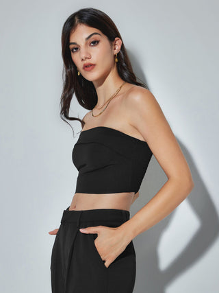 Two Piece Sets Woven Solid Shirred Tube Top & High Waist Pants Set For Daily Casual Exhibition Coffee Shop
