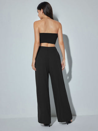 Two Piece Sets Woven Solid Shirred Tube Top & High Waist Pants Set For Daily Casual Exhibition Coffee Shop