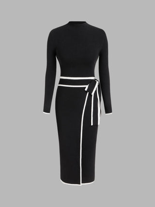 Turtleneck Belted Bowknot Knitted Maxi Dress