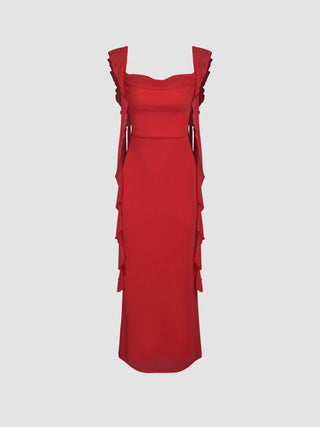 Mesh Ruffle Hem Maxi Dress