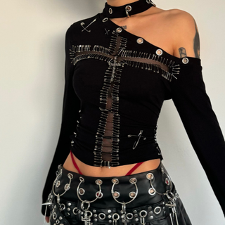 Long sleeve cross pattern hollow out cut out top