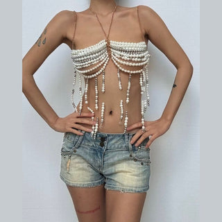 Halter metal chain beaded backless top