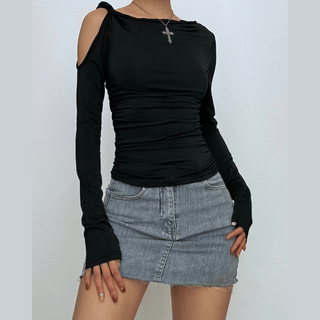 Irregular long sleeve hollow out ruched one shoulder cut out top