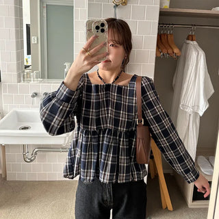 2-way check peplum blouse
