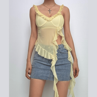 U neck ruffle slit sheer mesh solid cami top