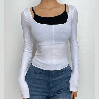 Contrast patchwork long sleeve round neck top