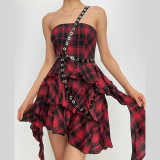 Ruffle plaid zip-up irregular one shoulder backless mini dress | victorian gothic dresses