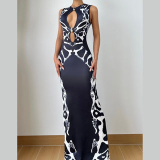 Hollow out slit snakeskin print crewneck cut out maxi dress