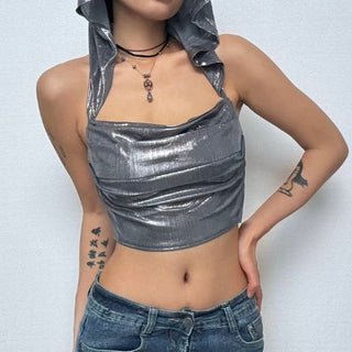 Hoodie metallic backless lace up crop top