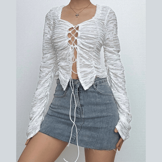 Long sleeve cross front textured top