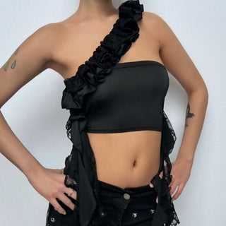 One shoulder irregular ruched ruffle top