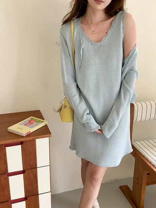 (4 colors) (set) Lace sleeveless knit dress & cardigan set
