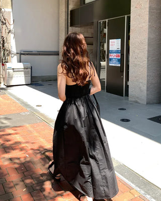 Side-tucked flared long dress