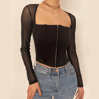 Square neck buttoned mesh long sleeve crop top - Halibuy