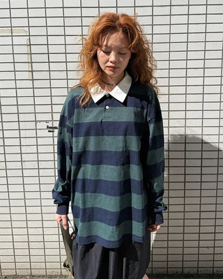 Colored neck striped long T-shirt