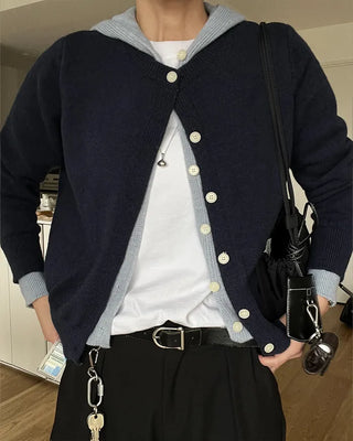 Layered knit hooded cardigan