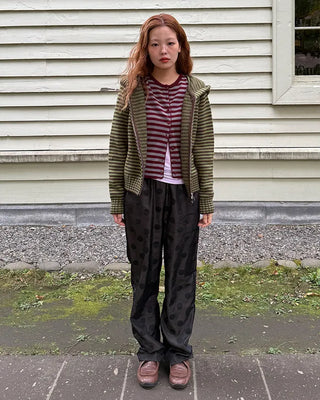 Round neck striped knit cardigan