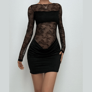 Long sleeve lace crewneck patchwork ruched mini dress