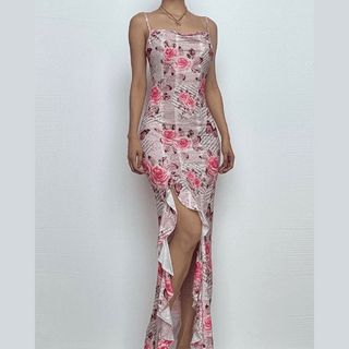 Cowl neck ruffle slit butterfly print cami maxi dress