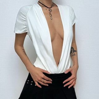 Hoodie short sleeve button deep v neck bodysuit