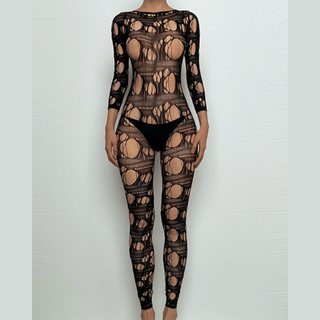 Long sleeve net hollow out padded bodystocking