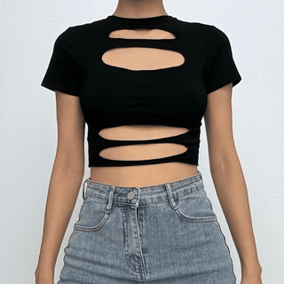 Short sleeve crewneck hollow out solid crop cut out top