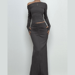 Long sleeve off shoulder ribbed ruched maxi skirt set