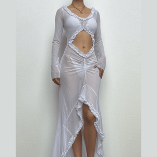 Long sleeve ruffle hollow out v neck sheer mesh cut out maxi dress-final-sale