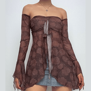 Long flared sleeve sheer mesh print off shoulder top