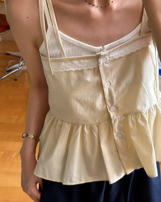 Lace-line shirred sleeveless blouse