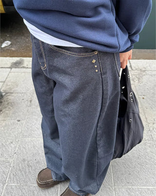 Studded pocket balloon denim pants