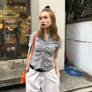 Cropped check shirred shirt