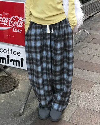Checked wide-leg pants with string waistband