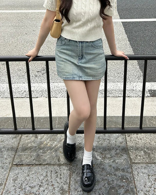 Washed denim mini skirt