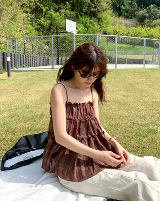 Frilled Shirring Check Sleeveless Dress