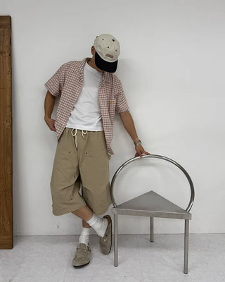 Checked embroidered short-sleeved shirt