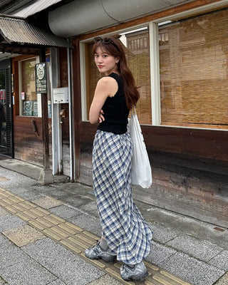 Checked banded long skirt