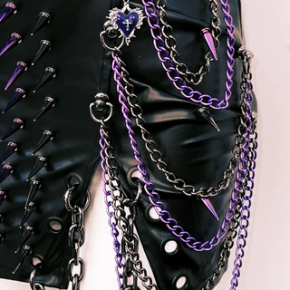 Slit o ring rivet applique PU leather mini skirt set