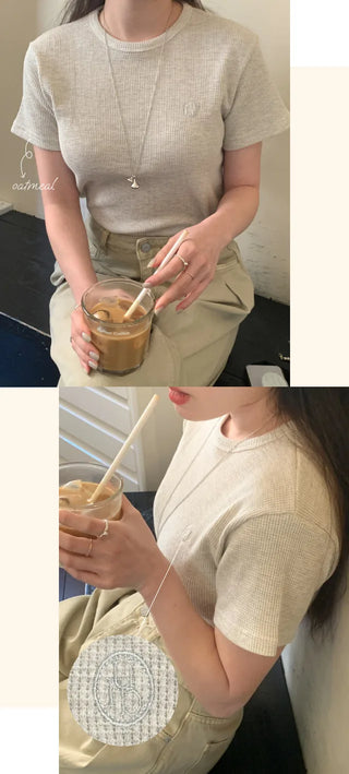 Plain waffle knit short-sleeved T-shirt (4c)