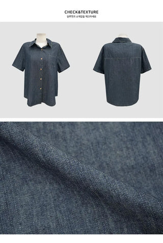 Overfit denim short-sleeved roll-up shirt