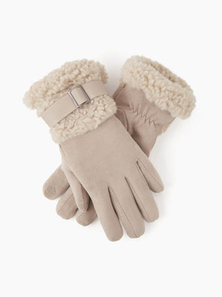 Lamb Wool Faux Leather Belt Design Thick Warm Touchscreen Gloves