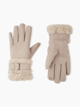 Lamb Wool Faux Leather Belt Design Thick Warm Touchscreen Gloves