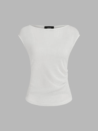 Boat Neck Solid Ruched Short Sleeve Top